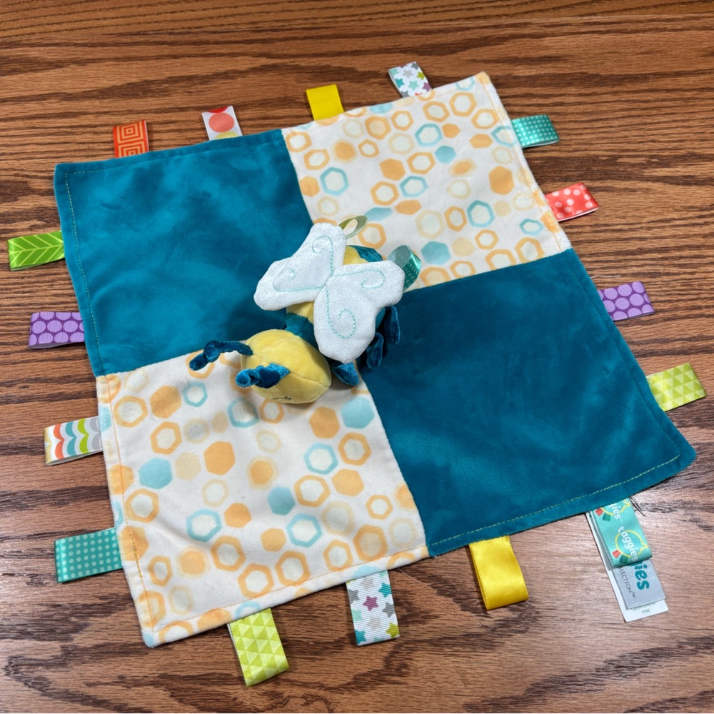 TAGGIES Mary Meyer Fuzzy Buzzy Bee Teal Yellow Baby Lovey Blanket Tags Satin